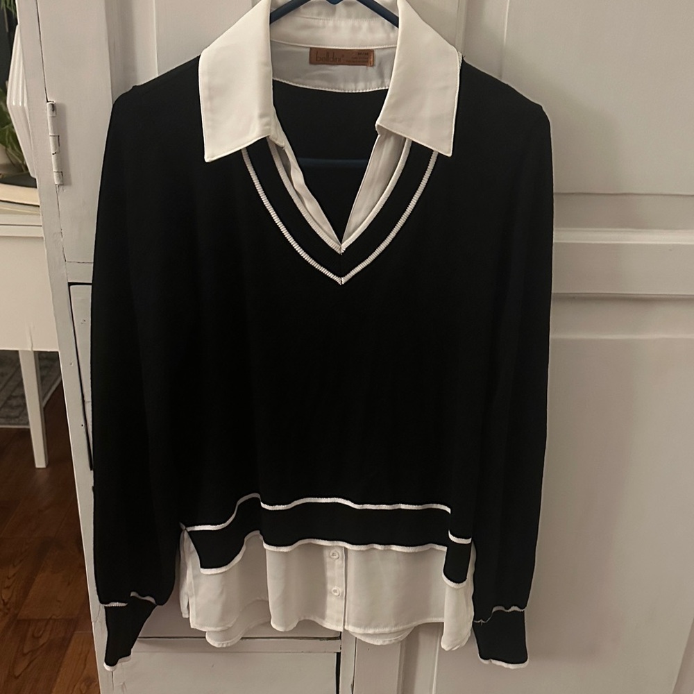 Belldini Black and White V-Neck Sweater with Shirt